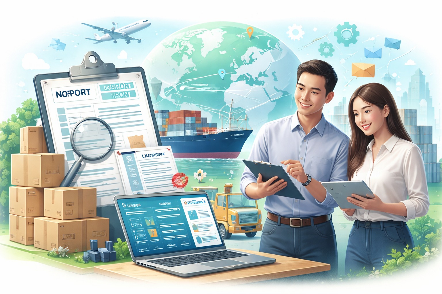 Ilustrasi administrasi logistik ekspor dengan dokumen pengiriman, distribusi barang, dan aktivitas perdagangan internasional