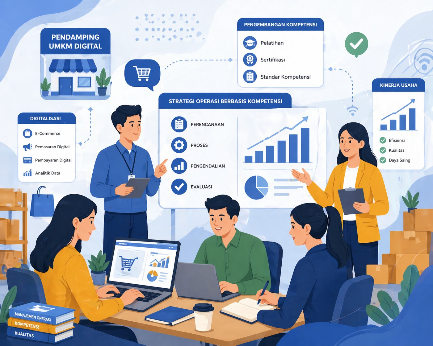 Ilustrasi pendamping UMKM digital dalam manajemen operasi berbasis kompetensi dengan tim kerja dan strategi operasional usaha