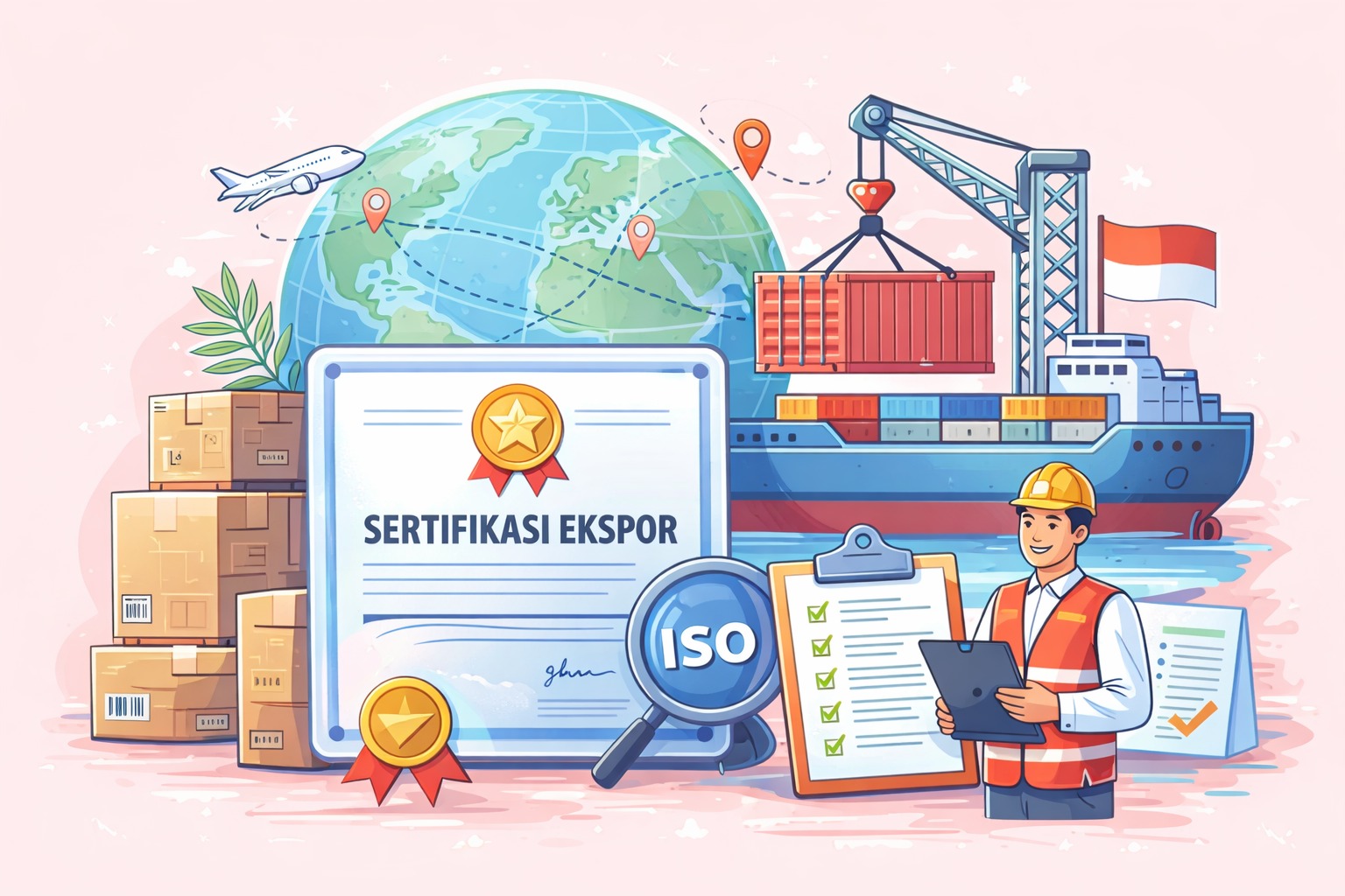 Ilustrasi sertifikasi ekspor dengan dokumen, logistik pengiriman, dan aktivitas perdagangan internasional