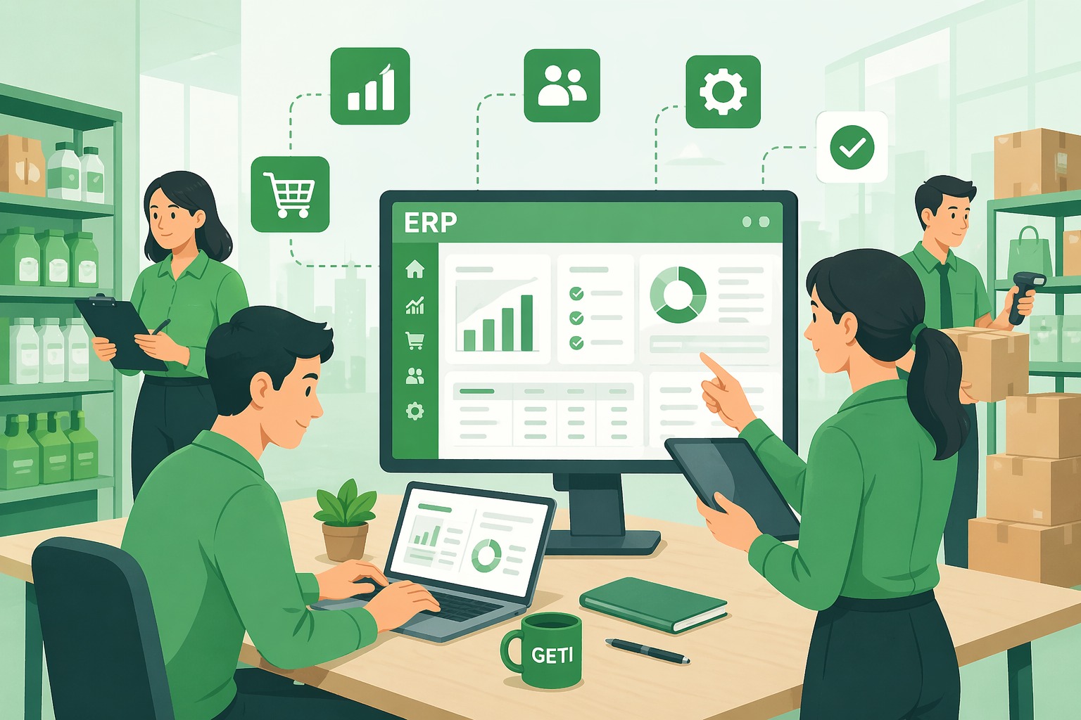 Ilustrasi sistem ERP dalam manajemen ritel dengan karyawan menggunakan dashboard digital untuk mengelola operasional bisnis