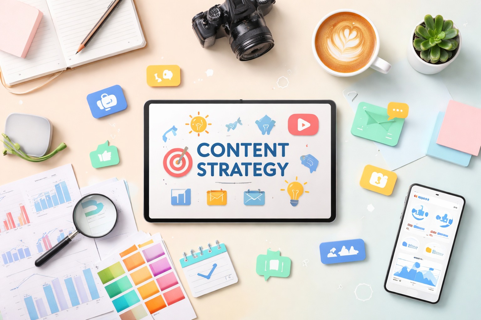 Ilustrasi strategi konten digital dengan perangkat seperti tablet, grafik, dan ikon media sosial untuk meningkatkan engagement