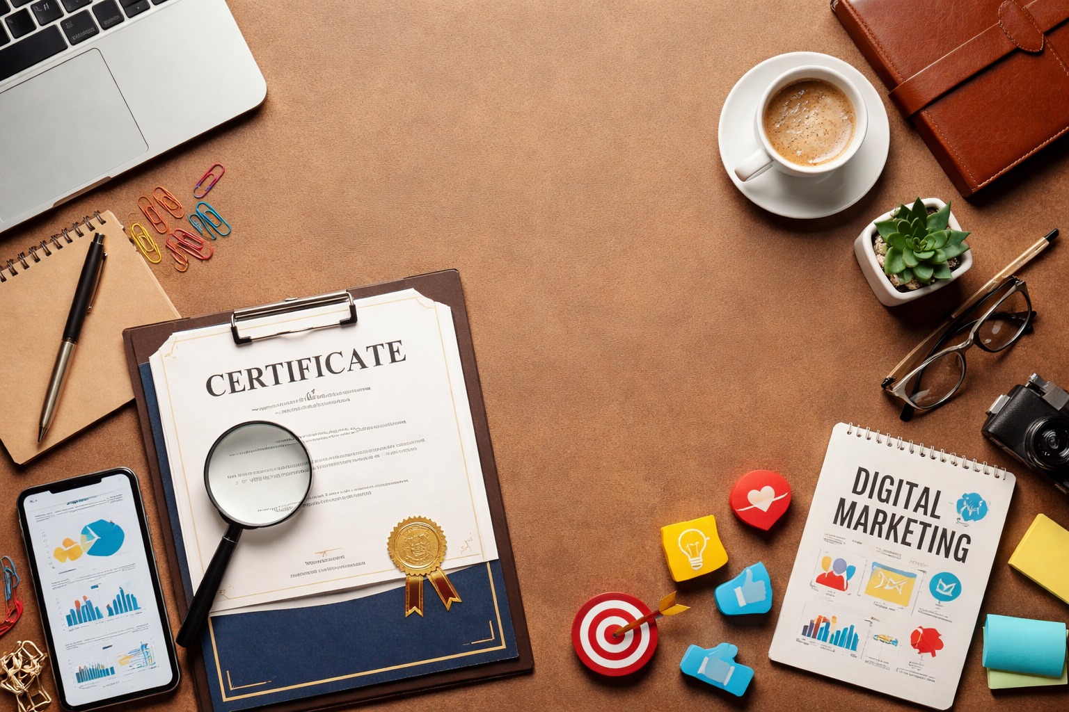 Ilustrasi sertifikasi digital marketing BNSP dengan dokumen, laptop, dan alat kerja digital di latar cokelat