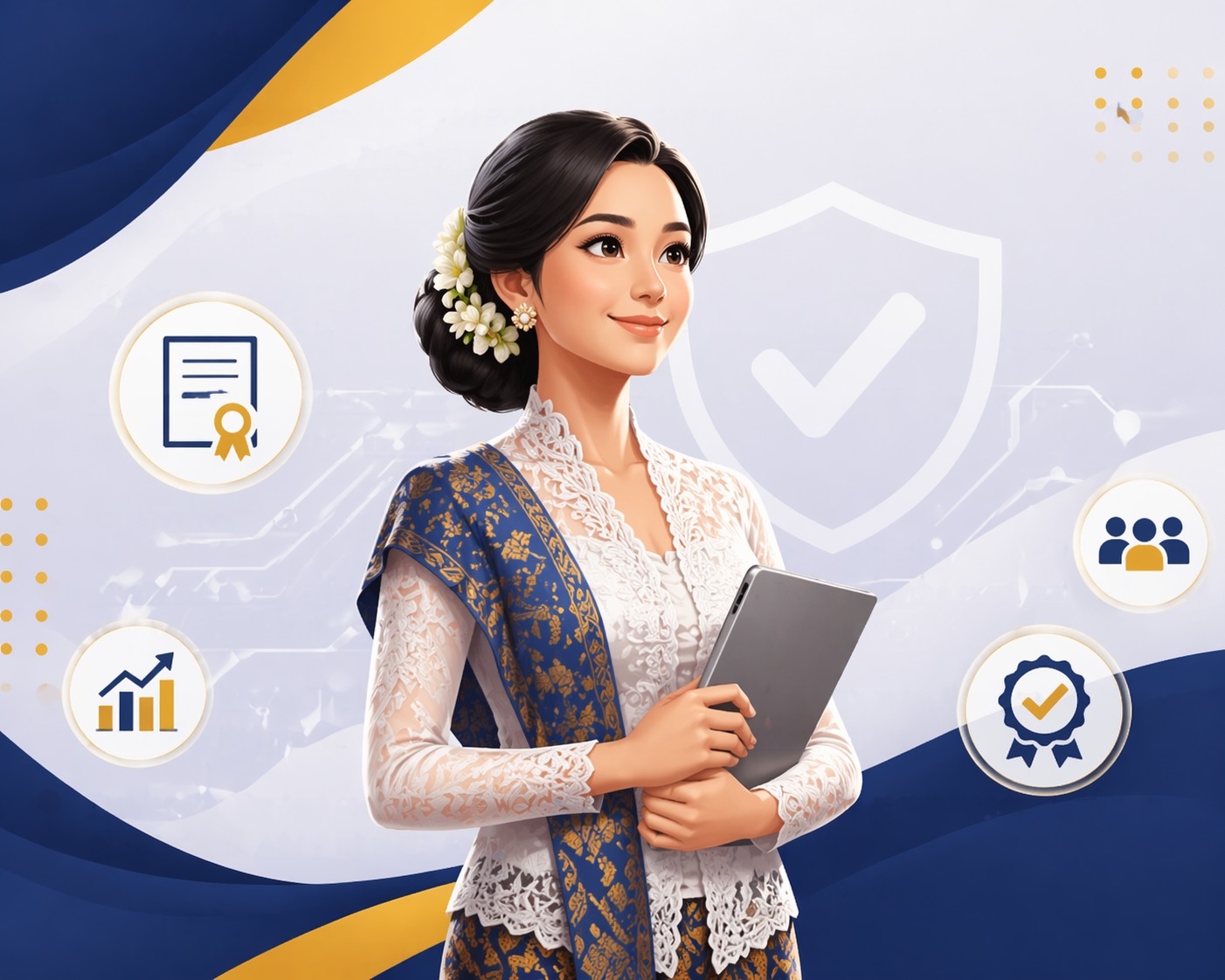 Ilustrasi perempuan dengan kebaya modern dan sanggul sebagai simbol perempuan siap bersaing di era digital melalui sertifikasi kompetensi