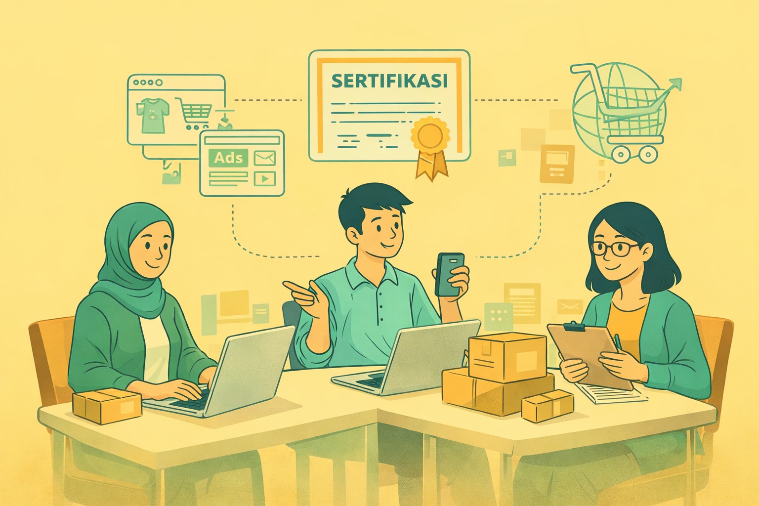 Ilustrasi pelaku UMKM belajar penjualan daring dan strategi digital untuk meningkatkan omzet melalui sertifikasi kompetensi