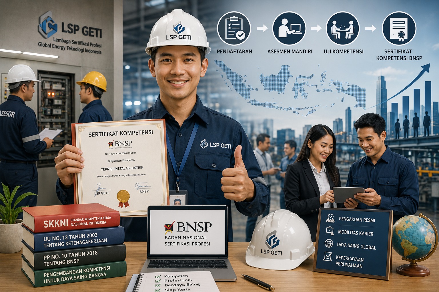LSP GRTI - Pelaksanaan uji kompetensi untuk mendapatkan sertifikasi BNSP melalui LSP GETI guna validasi keahlian tenaga kerja.