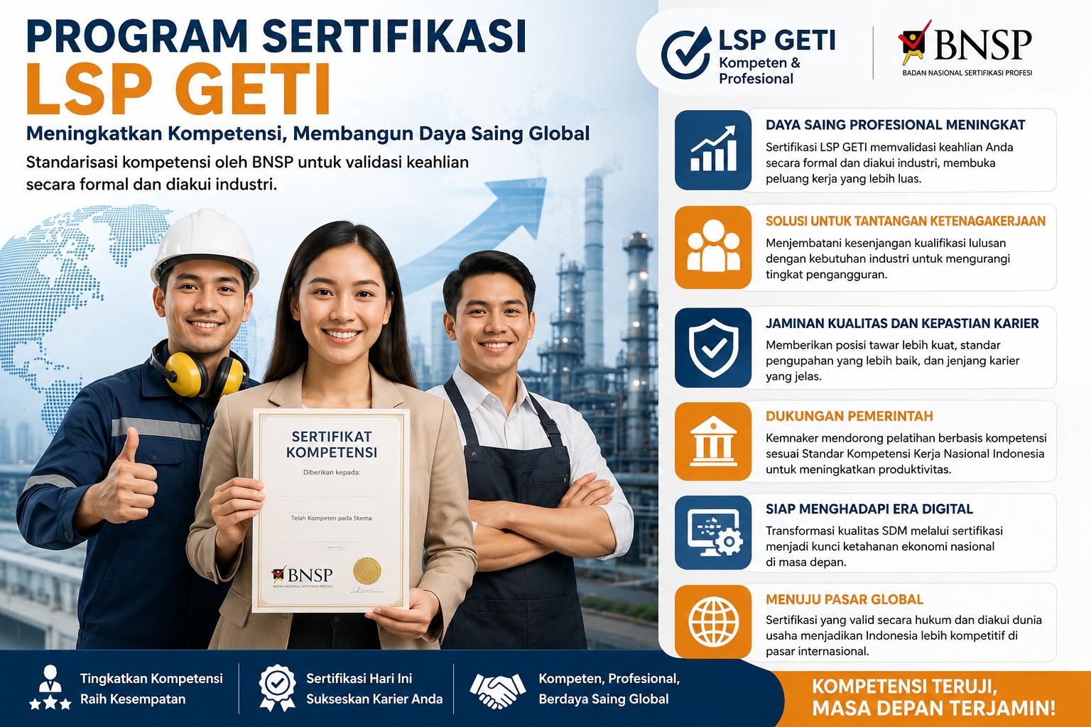 LSIlustrasi sertifikasi kompetensi LSP GETI untuk mencetak tenaga ahli profesional yang diakui industri nasional dan global.P GETI -