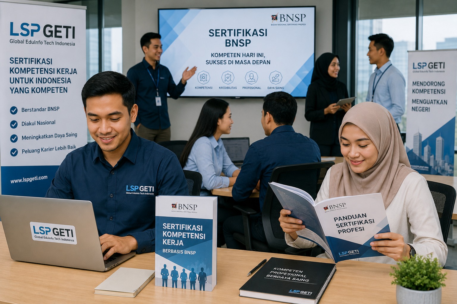 LSP GETI - Tenaga kerja profesional melakukan uji kompetensi melalui LSP GETI untuk sertifikasi BNSP.