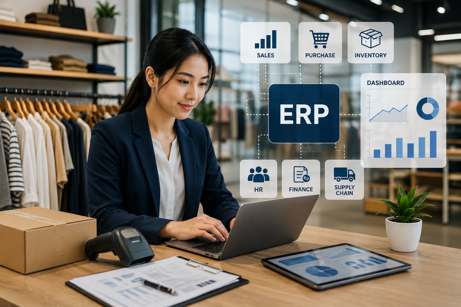 Profesional ritel menggunakan sistem ERP untuk mengelola penjualan, inventaris, keuangan, dan operasional bisnis secara terintegrasi