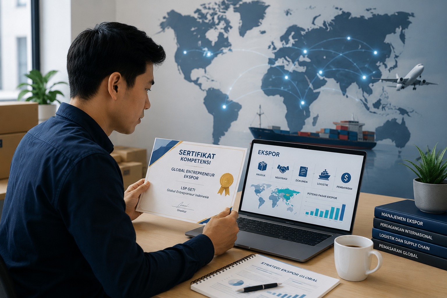 Profesional bisnis mempelajari strategi ekspor global dan sertifikasi kompetensi perdagangan internasional melalui platform digital