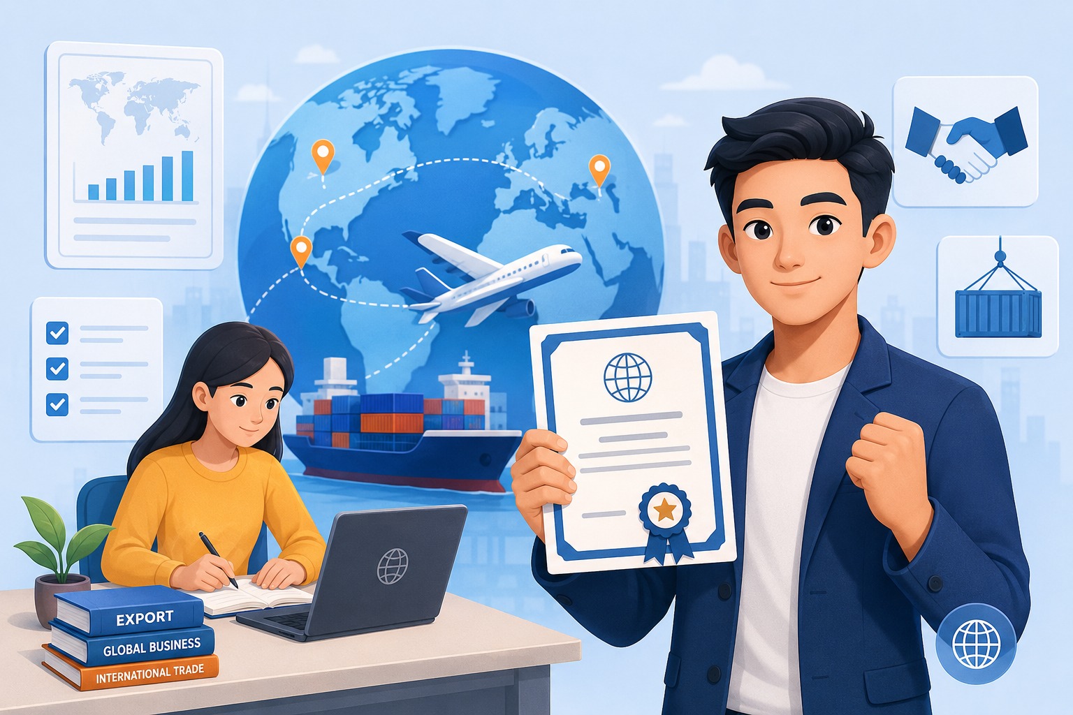 Ilustrasi animasi peserta sertifikasi ekspor global entrepreneur yang mempelajari perdagangan internasional dan bisnis ekspor digital
