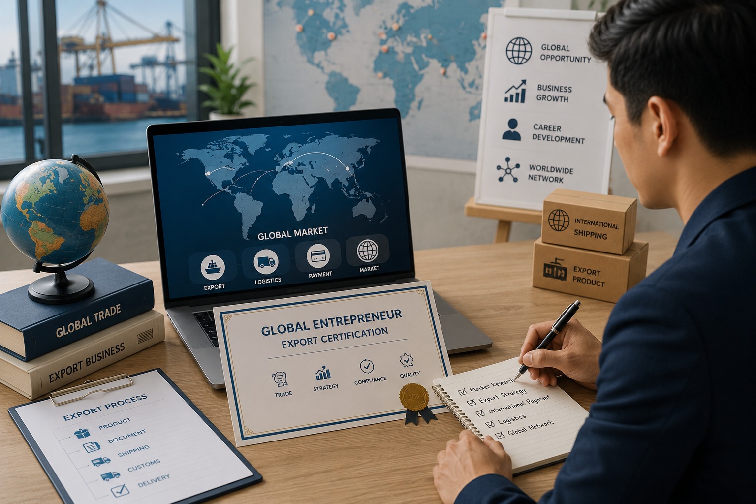 Profesional bisnis mempelajari sertifikasi ekspor global entrepreneur melalui perdagangan digital dan strategi bisnis internasional