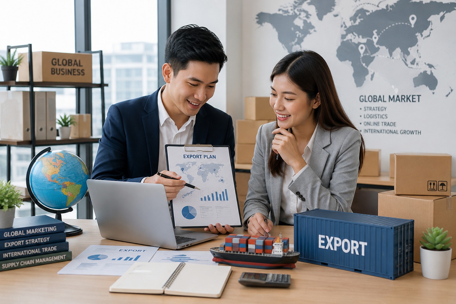 Profesional bisnis mempelajari strategi ekspor global dan perdagangan internasional untuk meningkatkan peluang karier di sektor ekspor digital