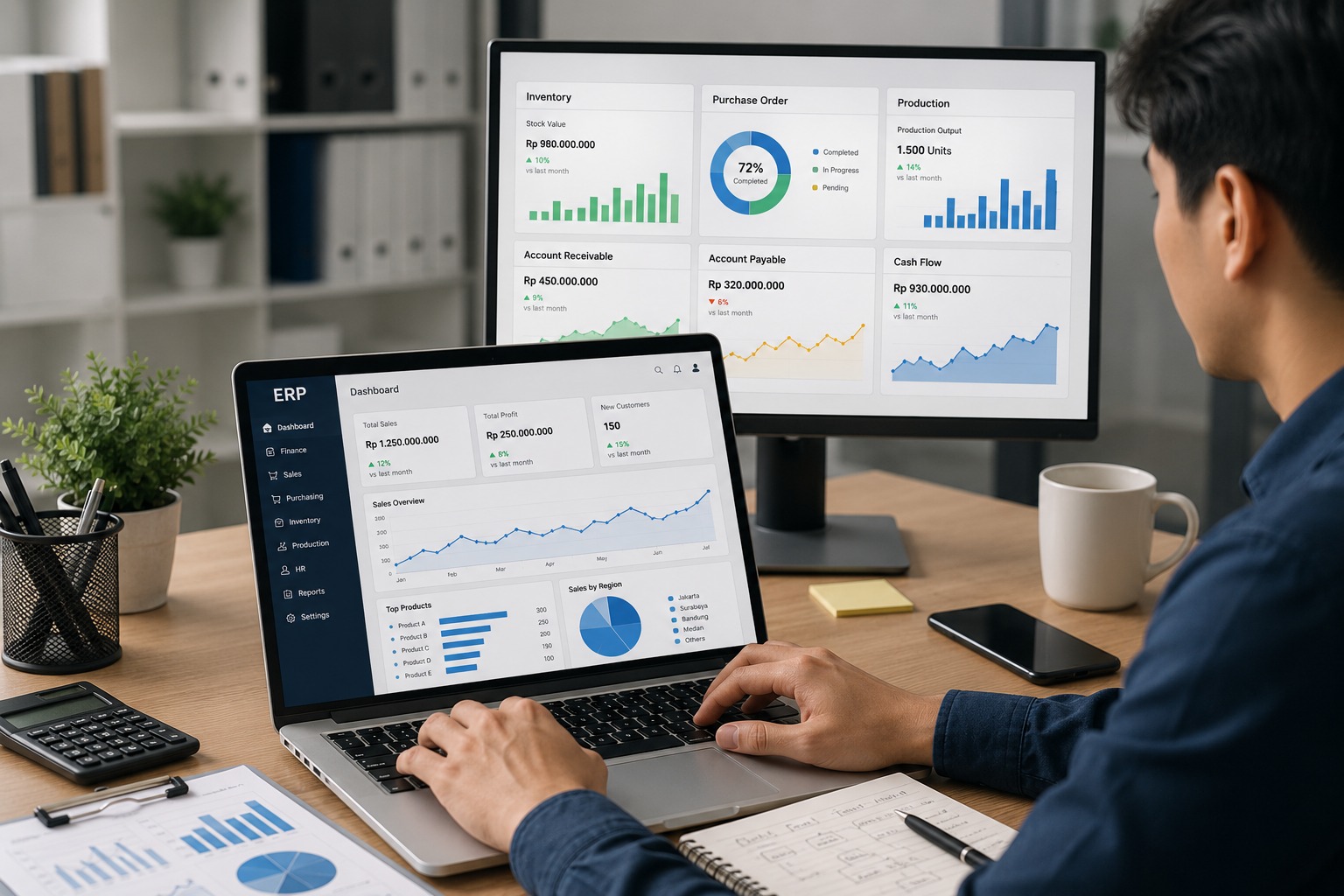 Sistem ERP membantu efisiensi operasional bisnis melalui pengelolaan data, keuangan, dan proses kerja yang terintegrasi