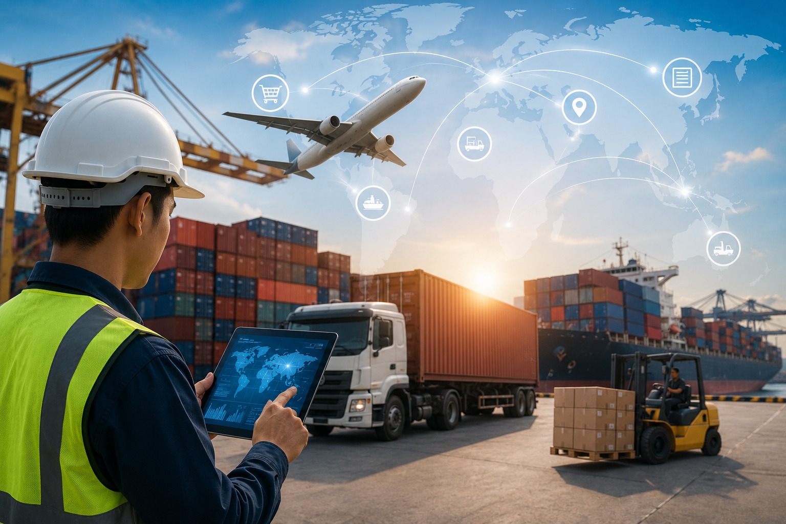 Profesional logistik memantau proses ekspor internasional melalui sistem digital di pelabuhan peti kemas