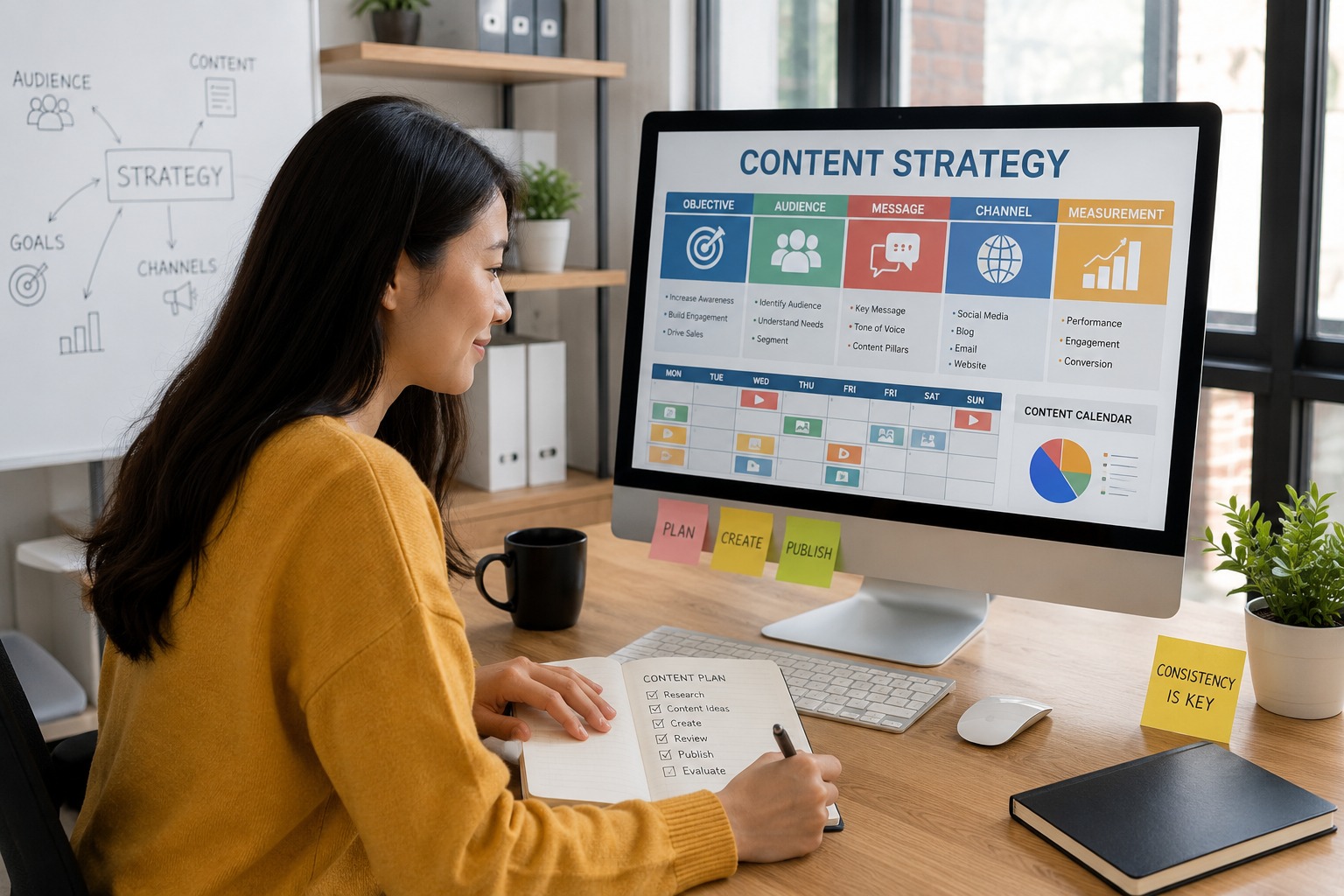 Profesional pemasaran digital menyusun strategi konten untuk menjaga konsistensi komunikasi brand di berbagai platform
